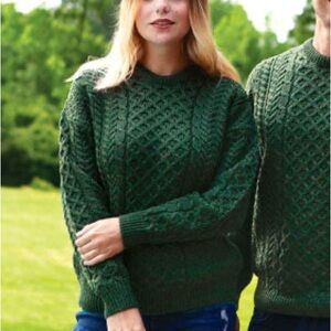 Women’s fisherman sweater cotton Forest Green‎ Cable Knit crewneck cabincore L